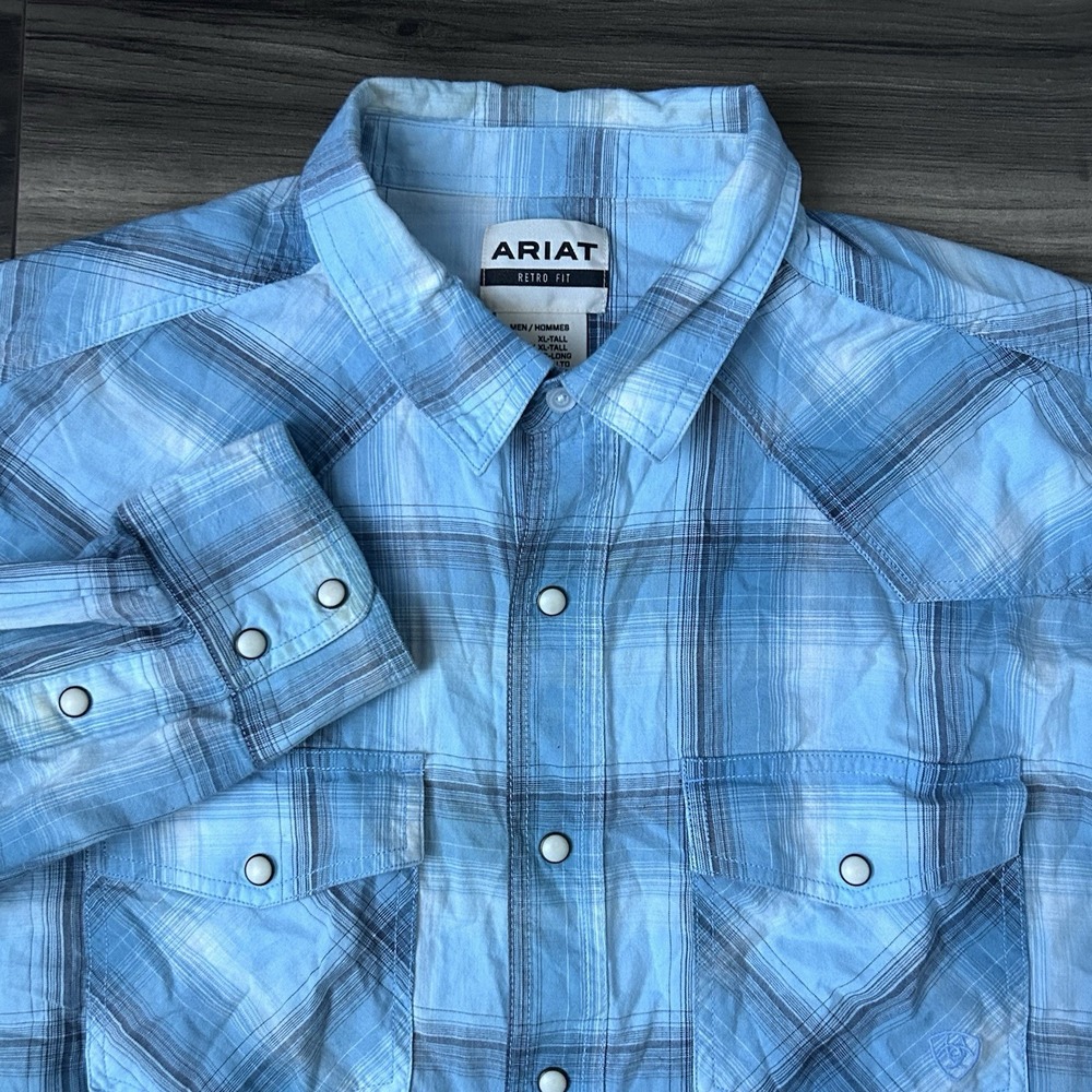 Ariat Shirt Mens XL Tall Retro Pearl Snap Button Up Western Plaid Cotton Blue